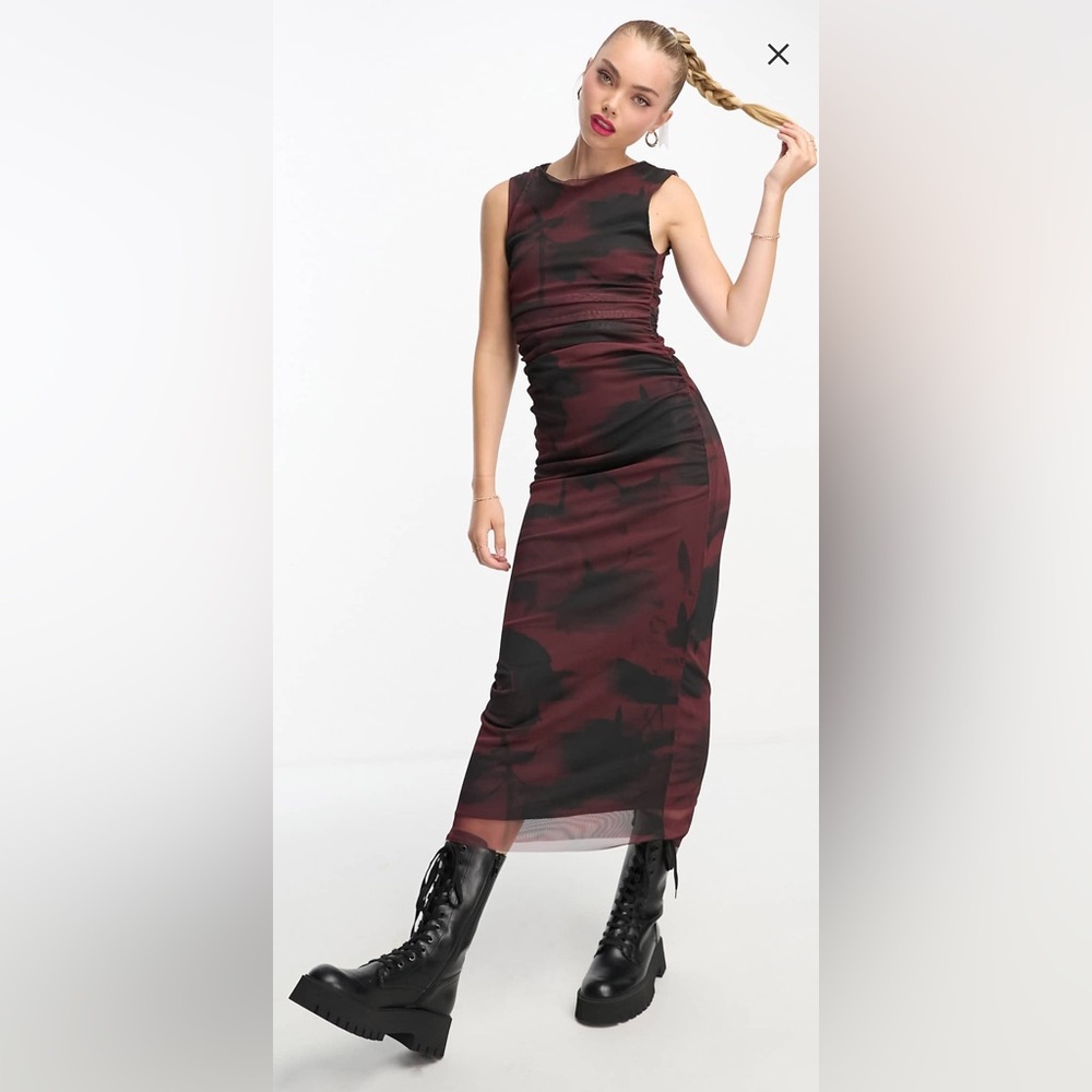 Stradivarius mesh maxi dress in dark floral